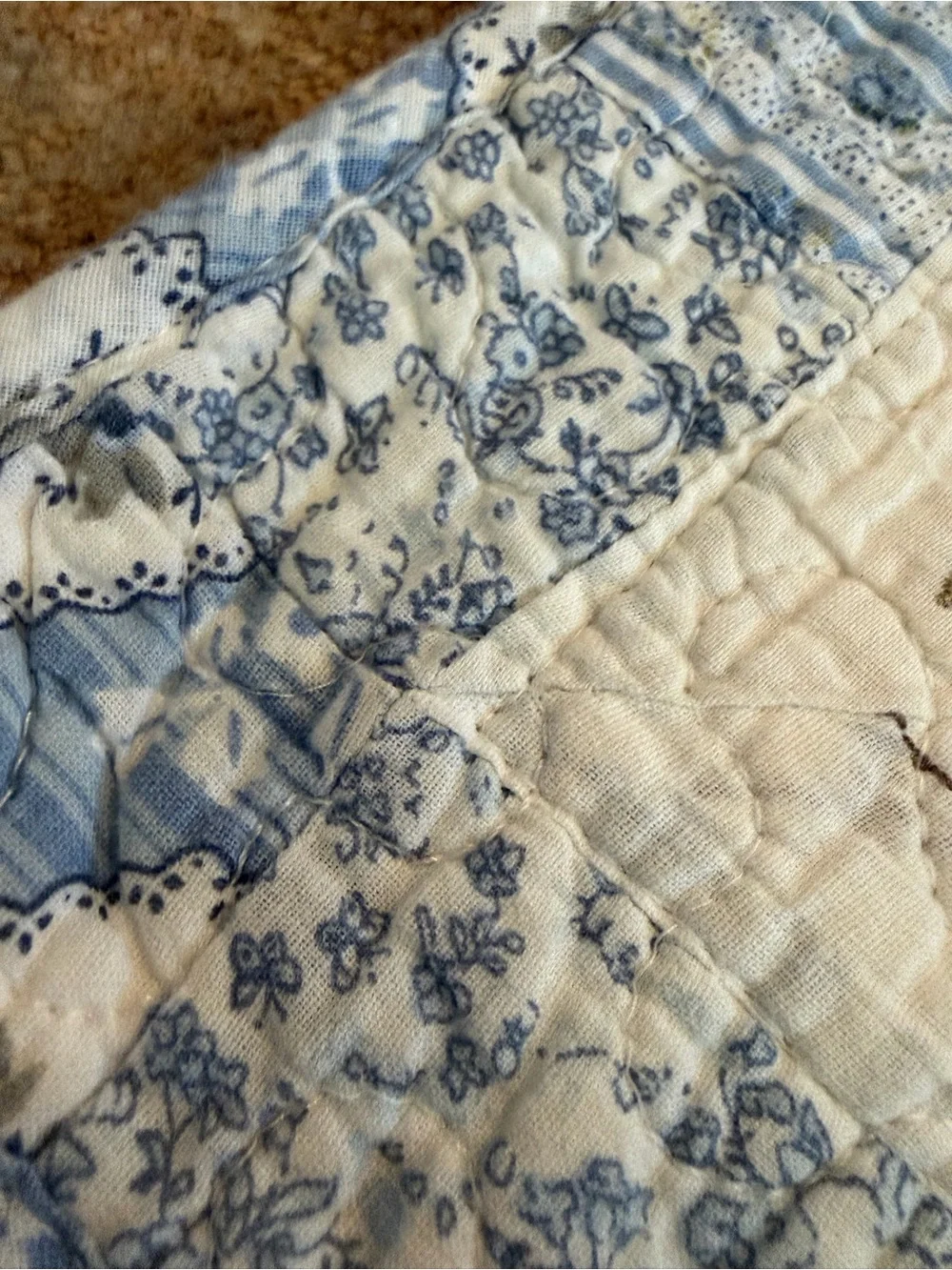 Trio 3 Blue and White Patchwork Quilted pillow Shams- Floral & Gingham
